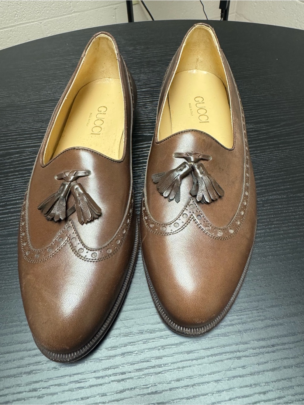 Gucci Brown Leather Tassel Slip-On Loafers